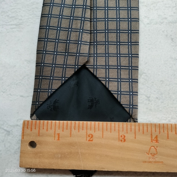 Brooks Basic Tie Necktie Square Geometric Taupe Blue Made In USA Formal Classic - Picture 5 of 8